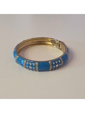 Gold Tone Bright Blue Enamel Bangle Bracelet w/ Rhinestones Coastal Beach Boho